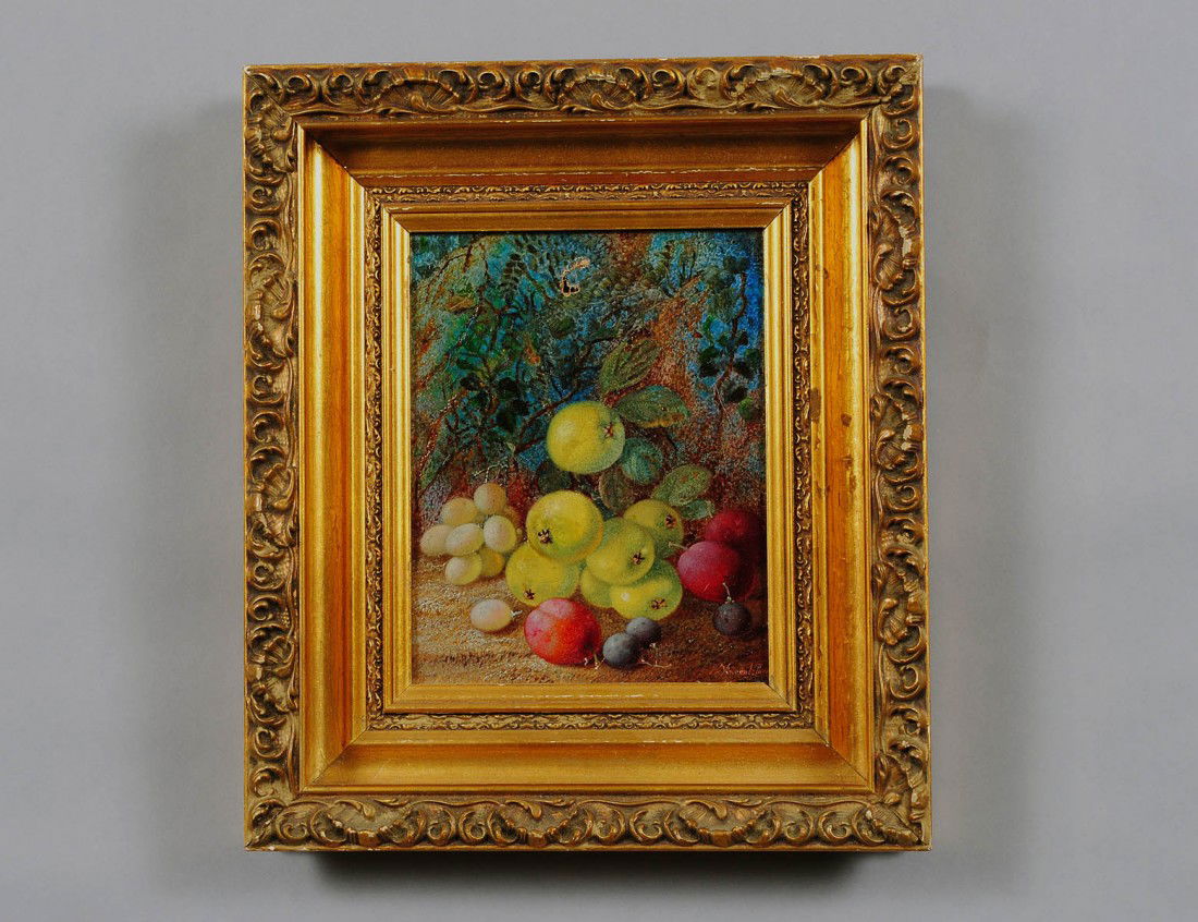 VINCENT CLARE (English. 1855-1930): "Still Life with Plums and Grapes". Signed l/r. Verso signed and inscribed "Southgate London 1897". Oil on Canvas. Measuring 10" by 8". Gilded frame. (Cond: surface has several tears, will need repair