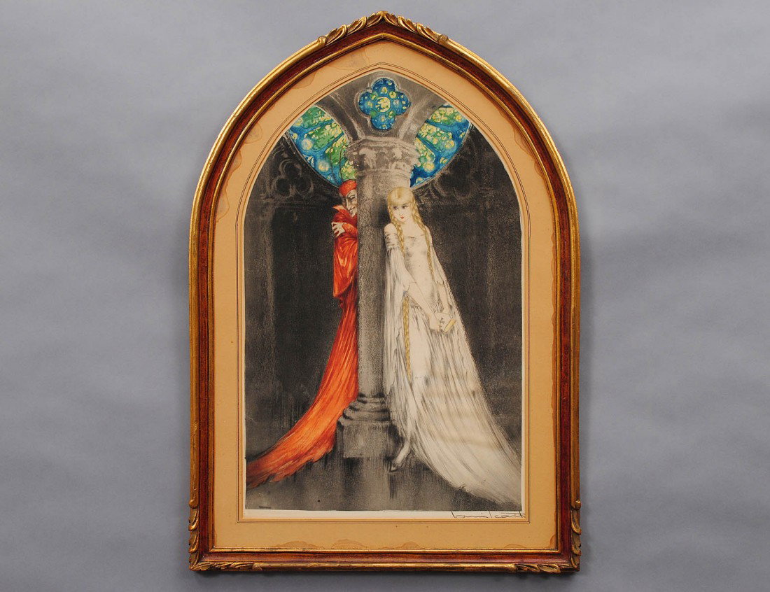 LOUIS ICART (French. 1888-1950): "Faust". Signed in pencil l/r margin. Hand Colored Drypoint Etching. Sight measuring 21" by 13 1/4". Arched frame. (Cond: light fading, sheet glued to the arched mat, water damage to mat) (400/600)