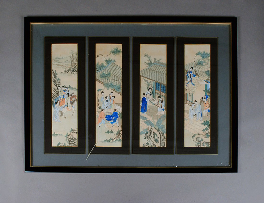 SUITE OF FOUR JAPANESE SCHOOL INK AND WATERCOLOR P: Depicting scenes of figures in gardens. Each panel measuring 31 1/2" by 7 1/2". All framed together. (Cond: good) (500/700)