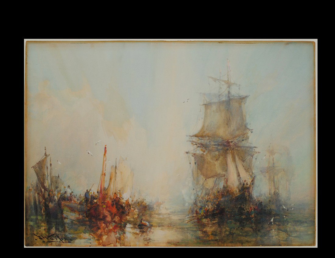 CONTINENTAL SCHOOL (Late 19th/Early 20th Century): "Masted Boats with Figures". Signed indistinctly l/l. Watercolor. Measuring 15 1/4" by 21 1/2". Framed. (Cond: light fading, otherwise good) (150/200)