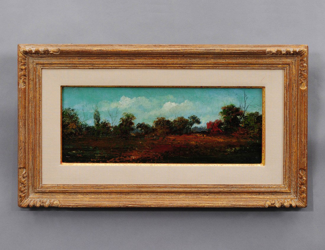 AMERICAN SCHOOL (Late 19th Century): "Landscape". No visible signature. Verso bears label tipped to board inscribed "Painted about 1885 by Arthur Friedlander, New York". Oil on Board. Measuring 5 1/4" by 13 1/4". Framed. (Cond: good) (10