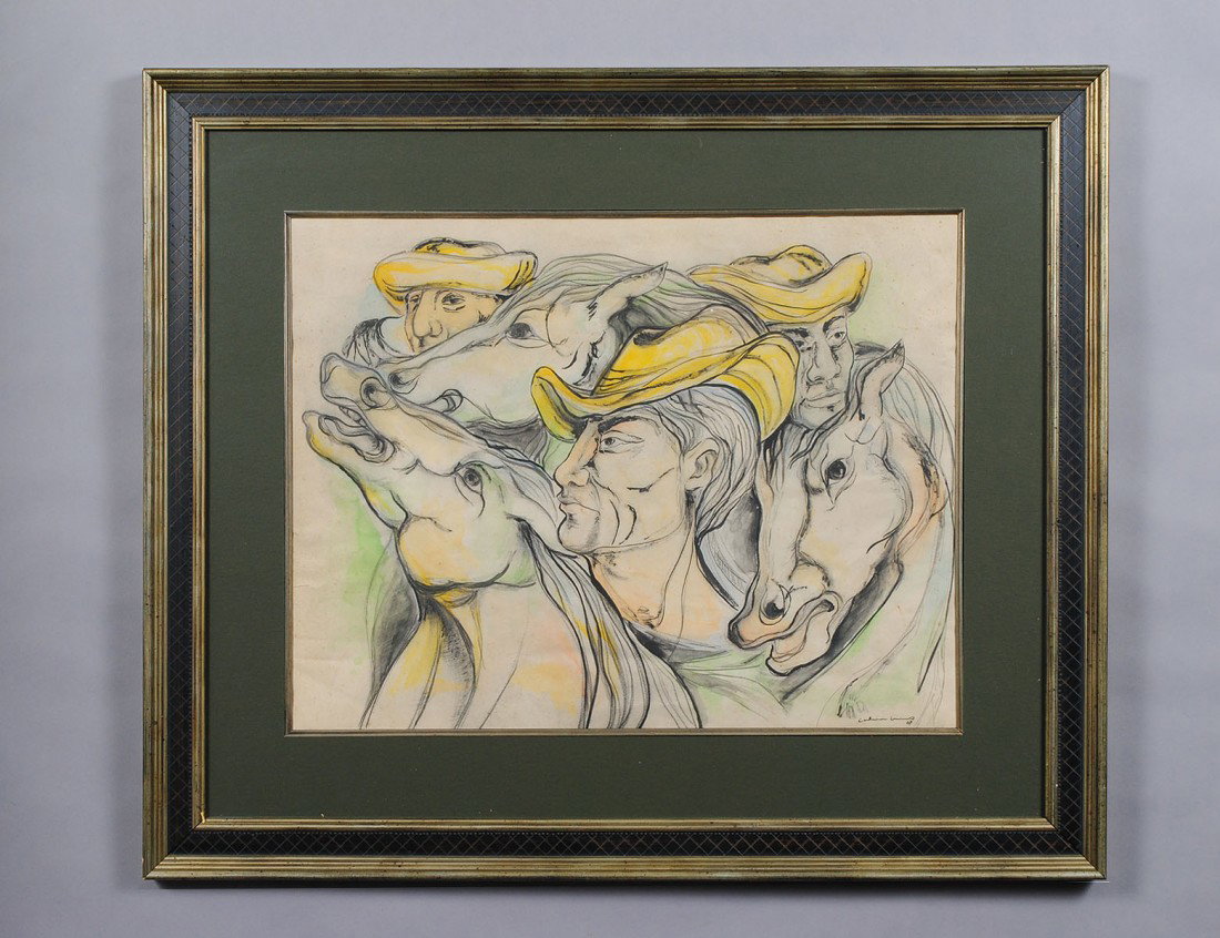 SERVANDO CABRERA MORENO (Cuban. 1923-1981): "Three Ranchers and Three Horses". Signed "Cabrera Morena" and dated '64 l/r. Gouache and Watercolor on Paper. Measuring 18 3/4" by 24 3/8". Framed. (Cond: some fading and soiling, waviness to paper) 