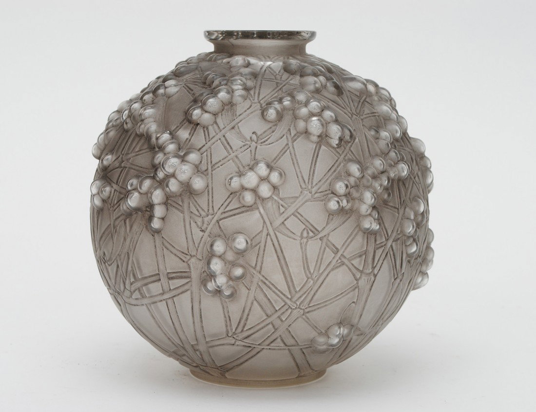 RENE LALIQUE GLASS "DRUIDE" VASE: French. Circa 1932. Molded R. Lalique signature. With gray patina. Height 6 7/8". Literature: R. Lalique by Felix Mar...., Page 925, Plate 937, Illustrated. (1500/2000)