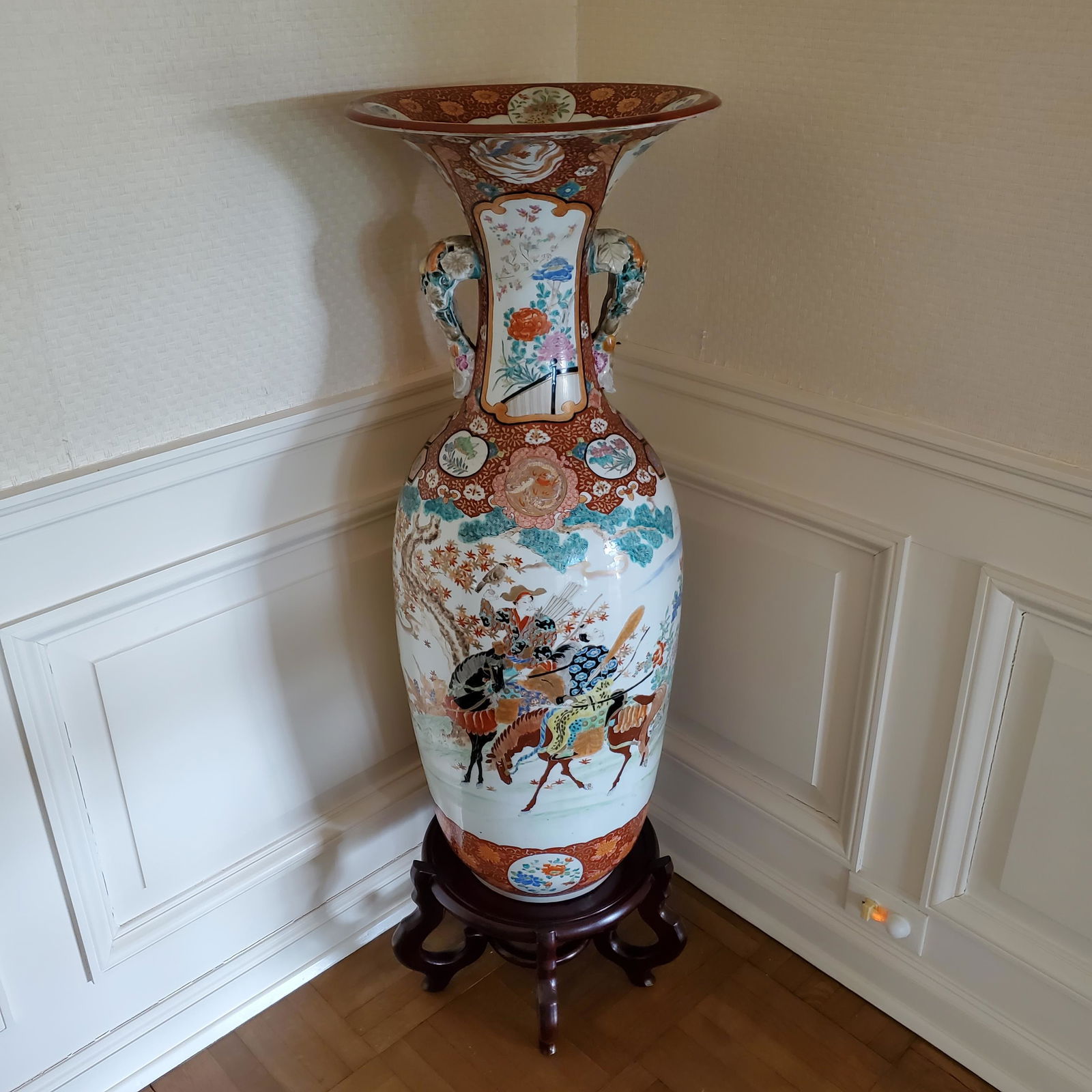 Tall Japanese Porcelain and Enamel Kutani Vase, has partial mark, 36" h. 14" w. (1 of 7)