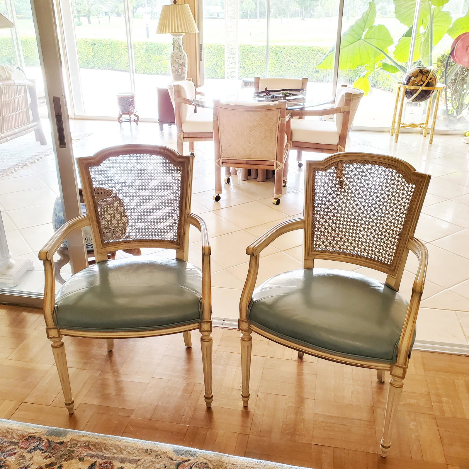 Set of Six Karges Italian Provincial Caned Back Dining Chairs with powder blue upholstered seats, 36 (1 of 3)