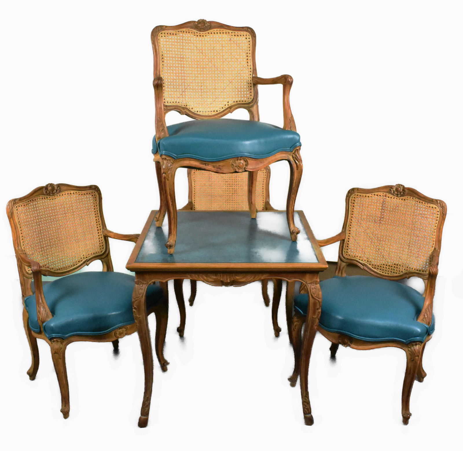 Louis XV Style Five Piece Set with Games Table and Four Armchairs, each carved with caned backs and (1 of 7)