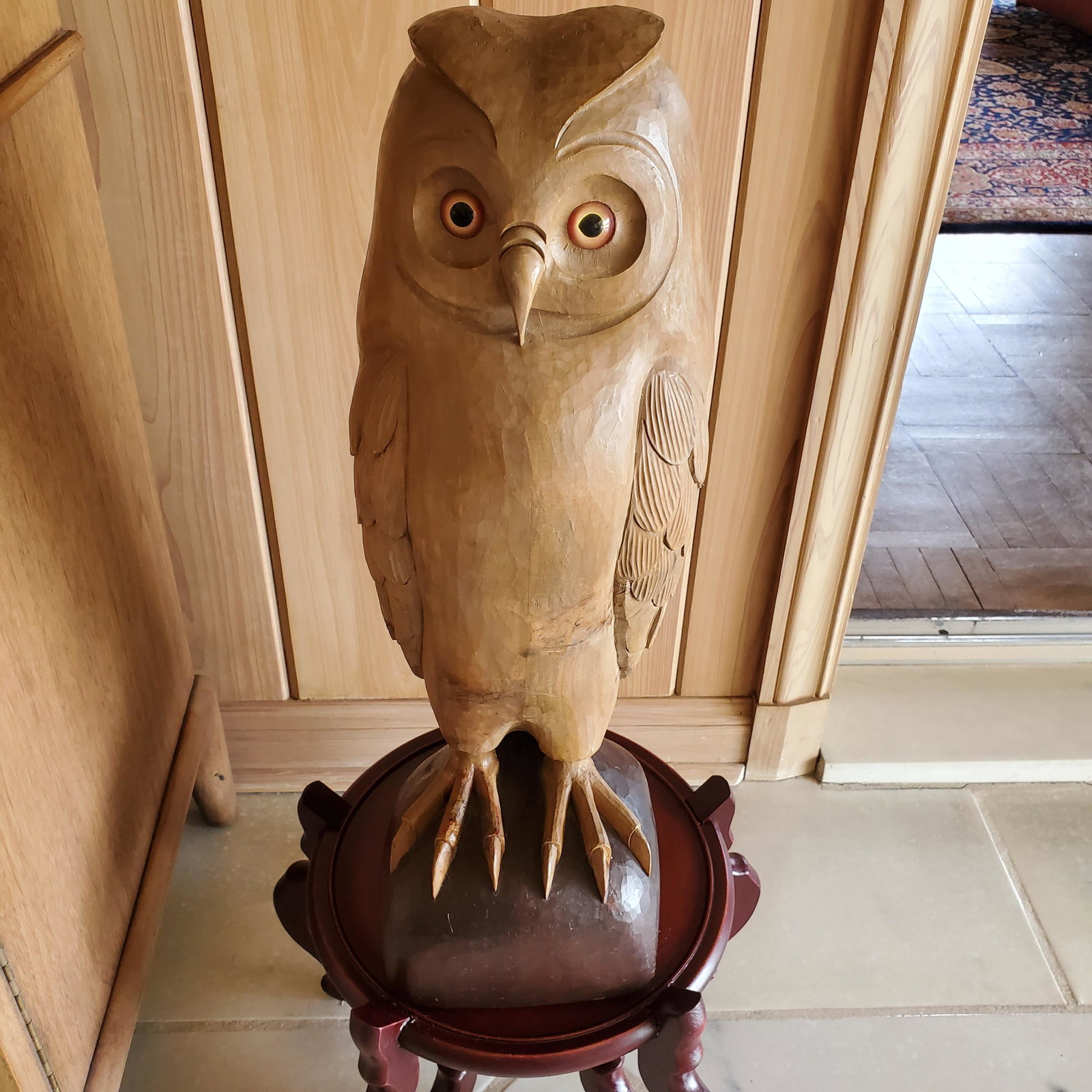 Folk Wood Carved Owl with glass eyes, 20th Century, 22" h. (1 of 3)