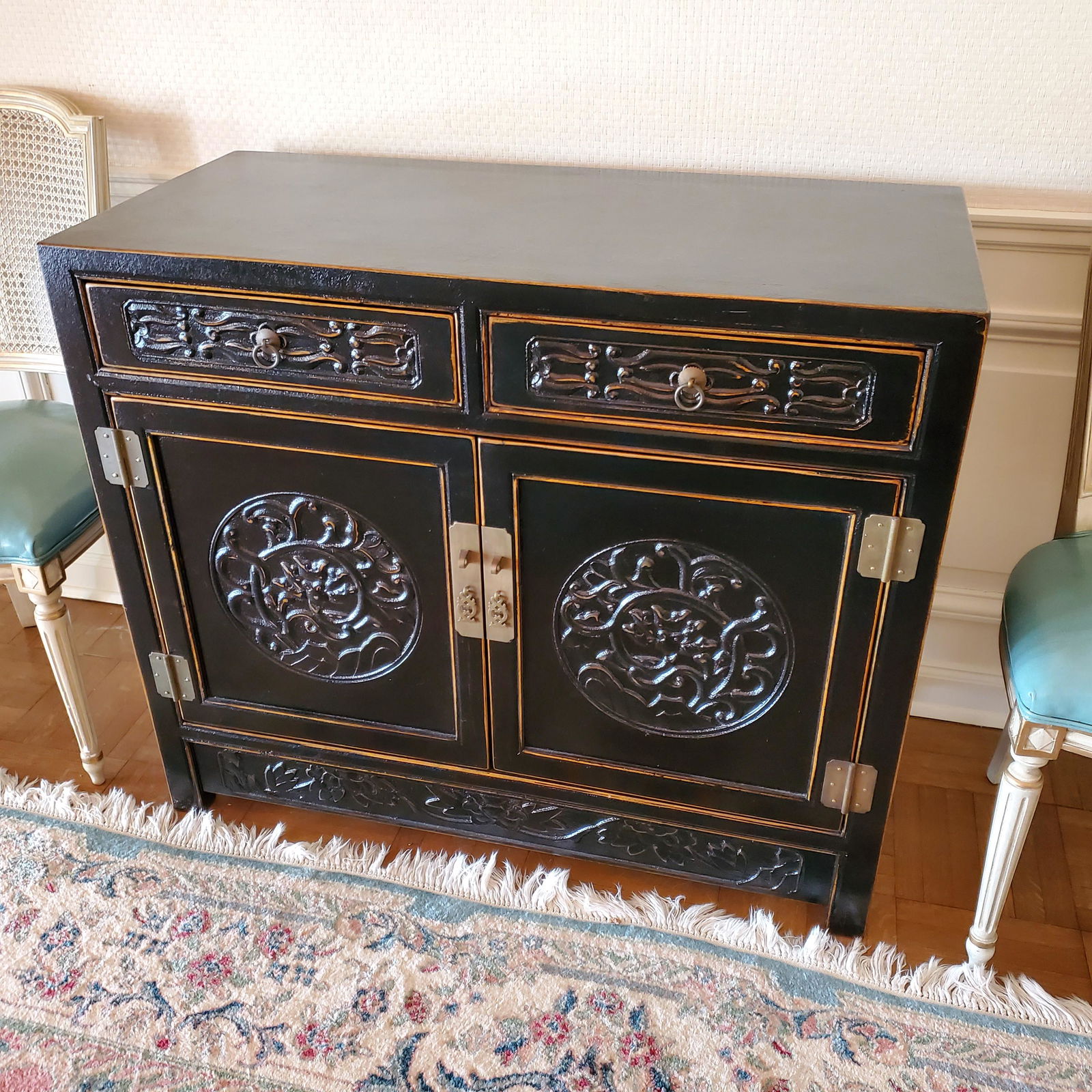 Asian Black Lacquered Two Door Cabinet, 20th Century, (1 of 2)