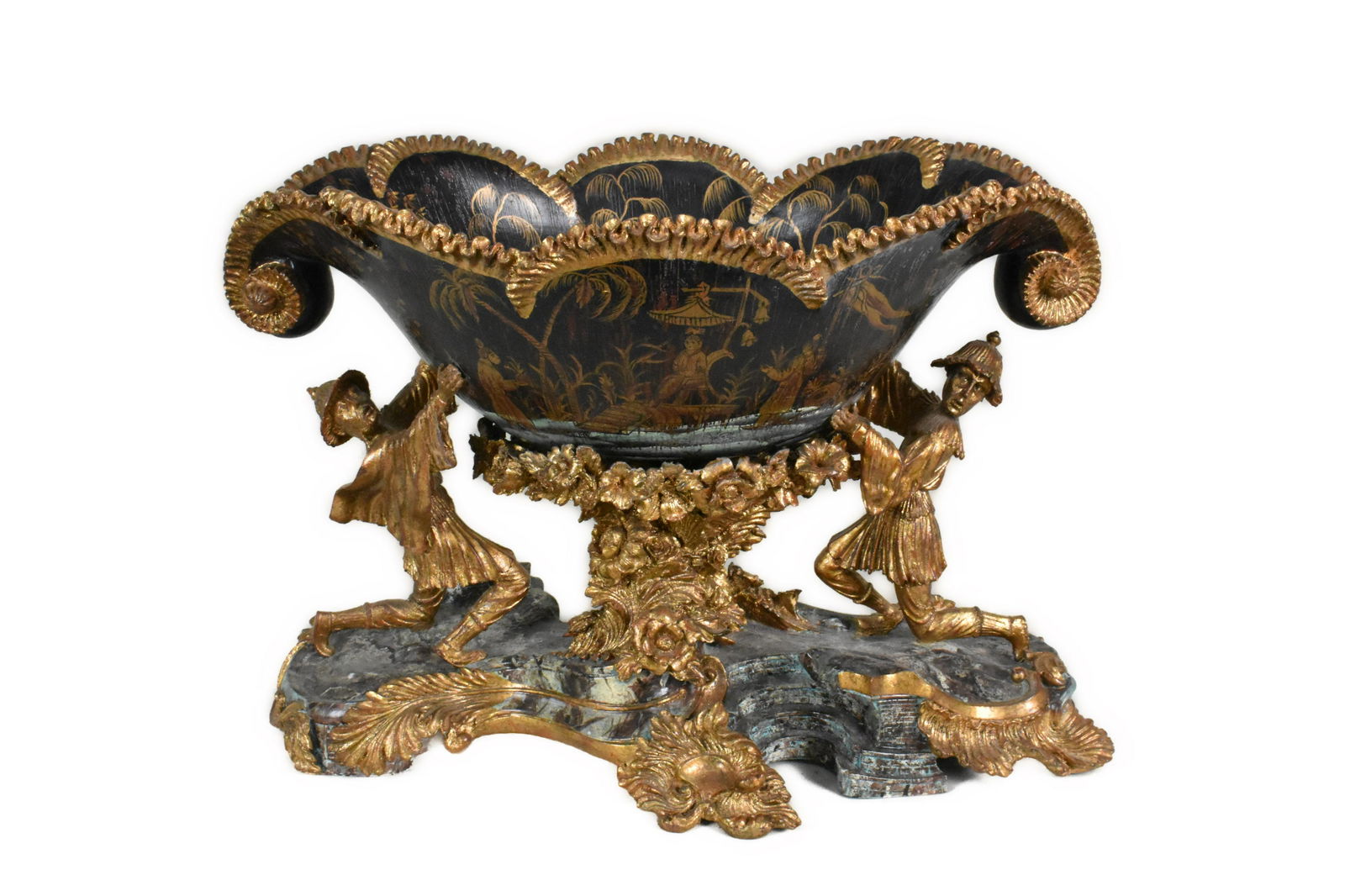 A Large Composition and Faux Lacquered Chinese Chinoserie Style Centerbowl, the bowl supported with (1 of 6)