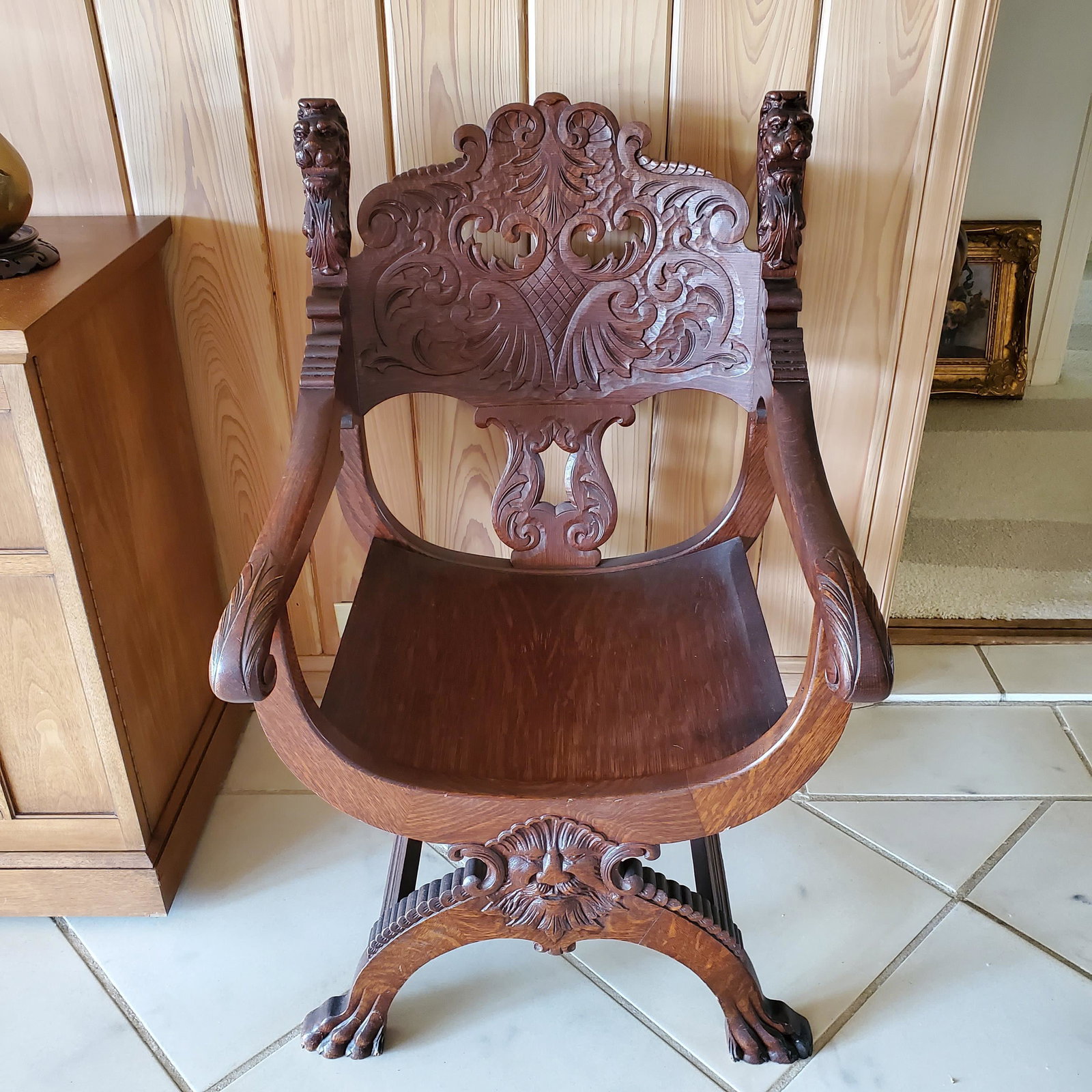 American Oak Carved Northwind Armchair, carved with lions, c. 1900, 40" h. Seat-16" h. 24" across (1 of 4)