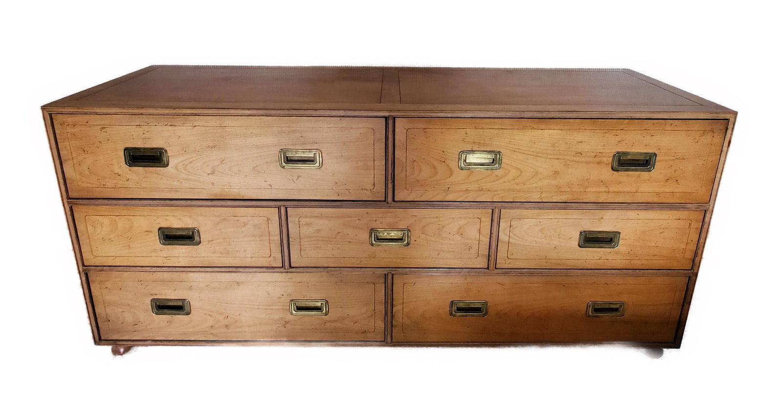 Baker Campaign Style Oak Dresser, bears Baker Furniture tag inside drawer, 30 1/2" h. 66" w. 19" d. (1 of 2)