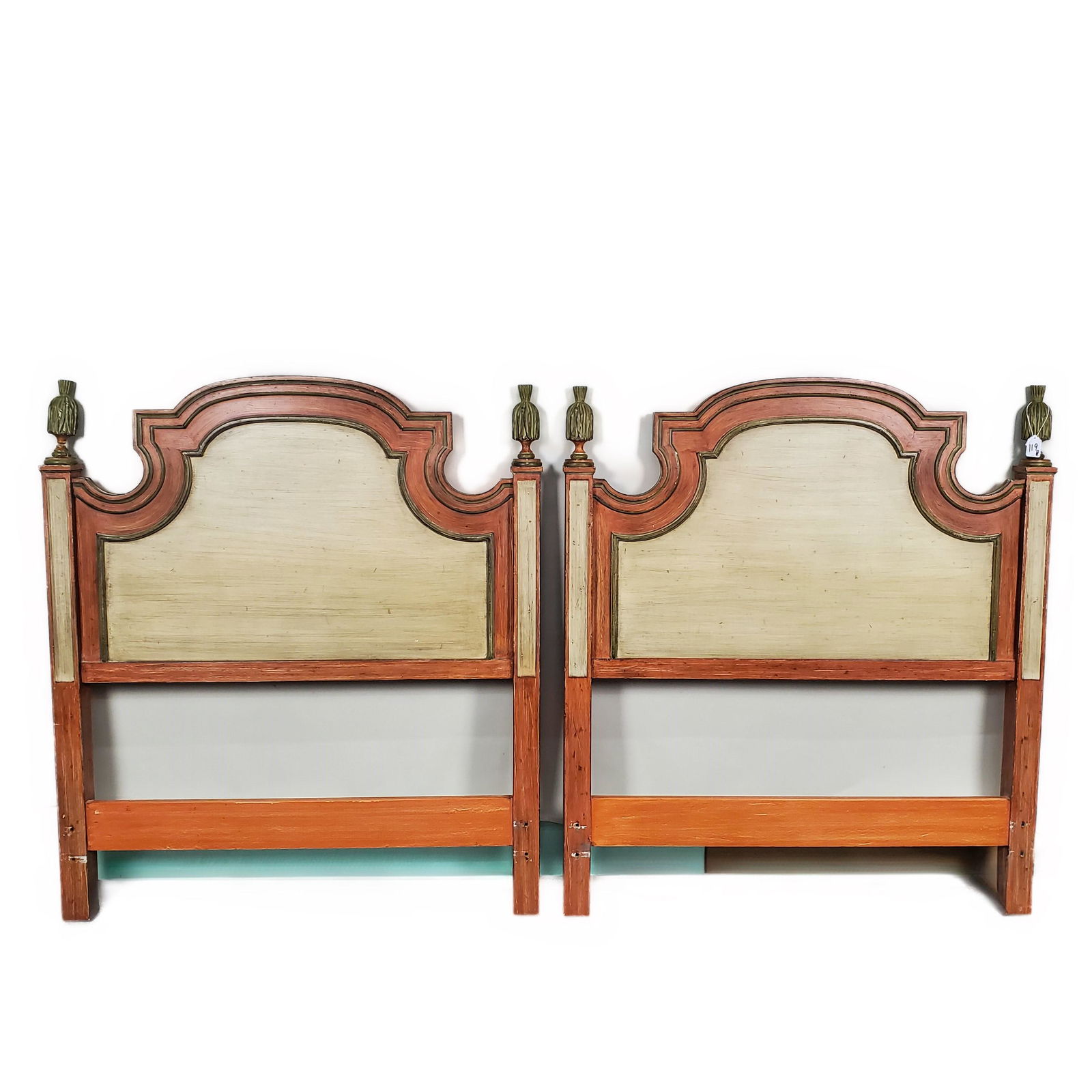 Pair of Italianate Twin Headboards, 20th Century, 49" h. 39 1/2" w., Note: one finial broken, will: Pair of Italianate Twin Headboards, 20th Century, 49" h. 39 1/2" w., Note: one finial broken, will need repairing.