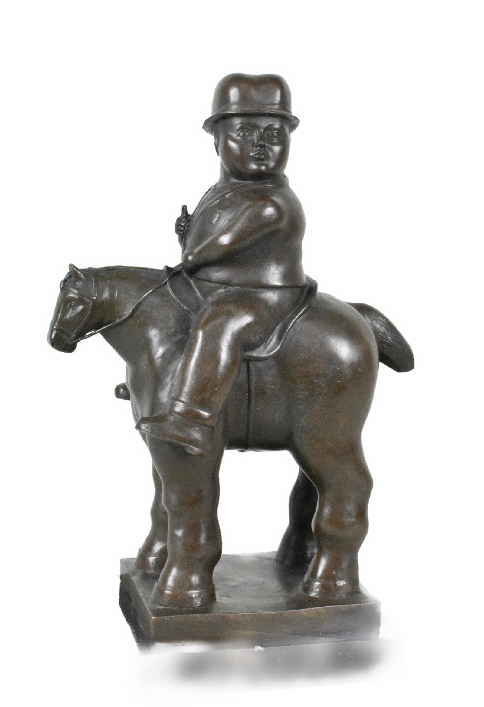 Contemporary Bronze Sculpture After Fernando Botero, Man on Horse, 13 1/2" h. 5 7/8" w. mounted on a (1 of 5)