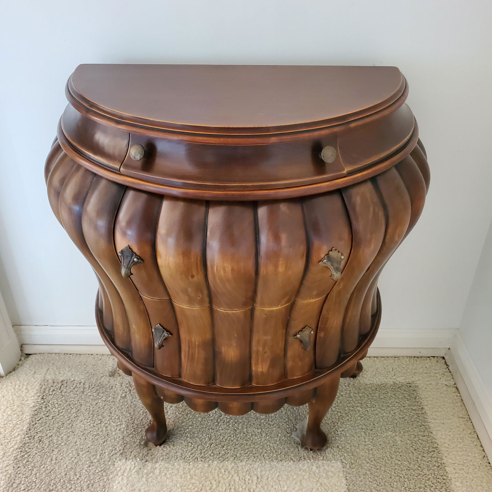 Italian Diminutive Bombe Commode with three drawers, 20th Century, 28" h. 26" w. 14" d.: Italian Diminutive Bombe Commode with three drawers, 20th Century, 28" h. 26" w. 14" d.