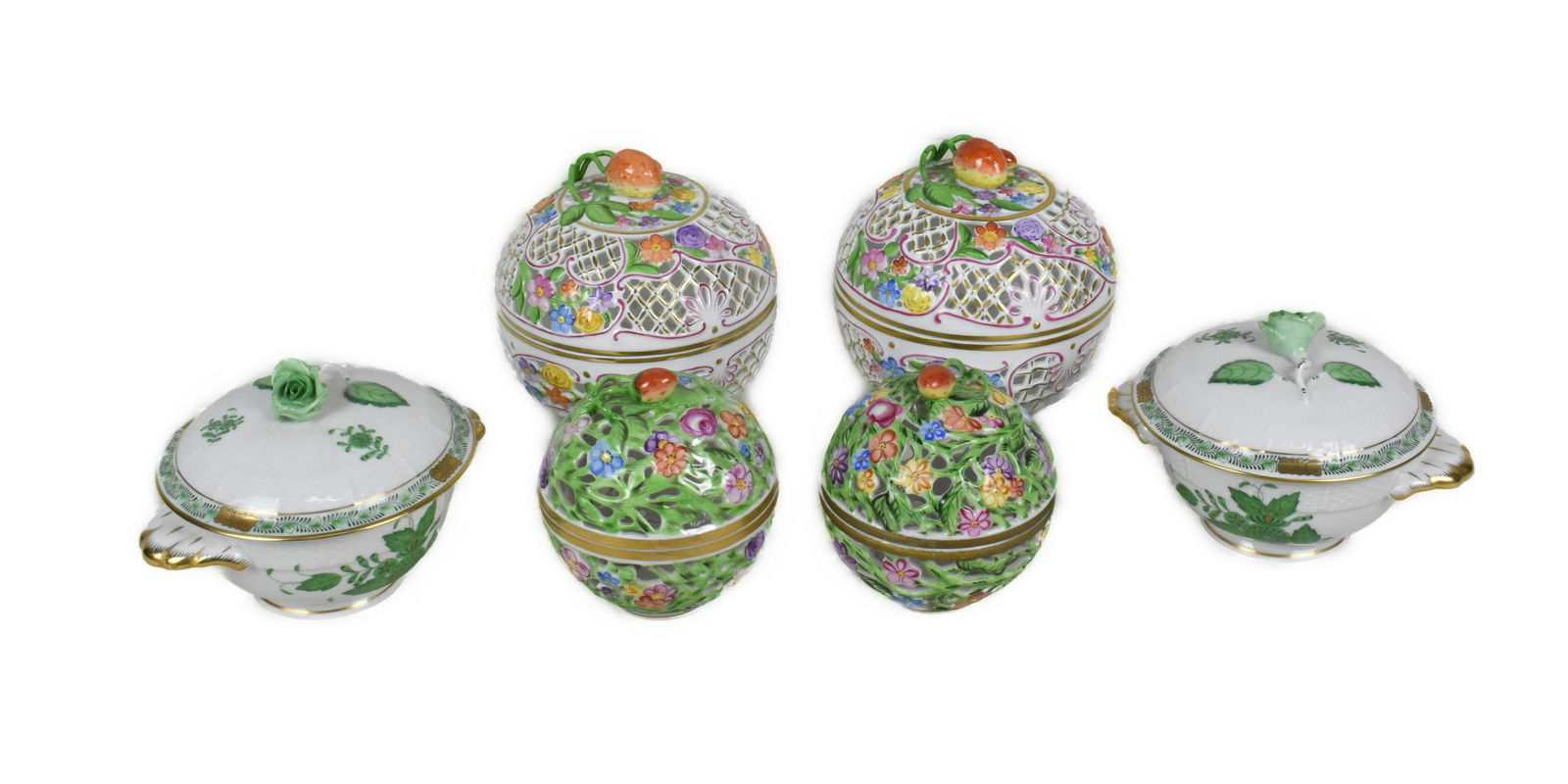 Six Pieces Herend Porcelain consisting of two pair of reticulated pot-pourri and a pair of lidded (1 of 5)