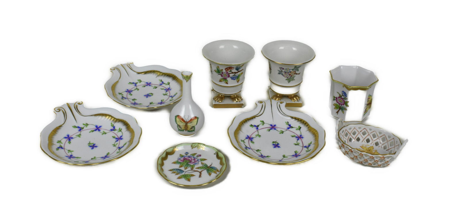 Nine Pieces Herend Porcelain, consisting of pair of urns, three small dishes, small vase, cup, dish, (1 of 5)
