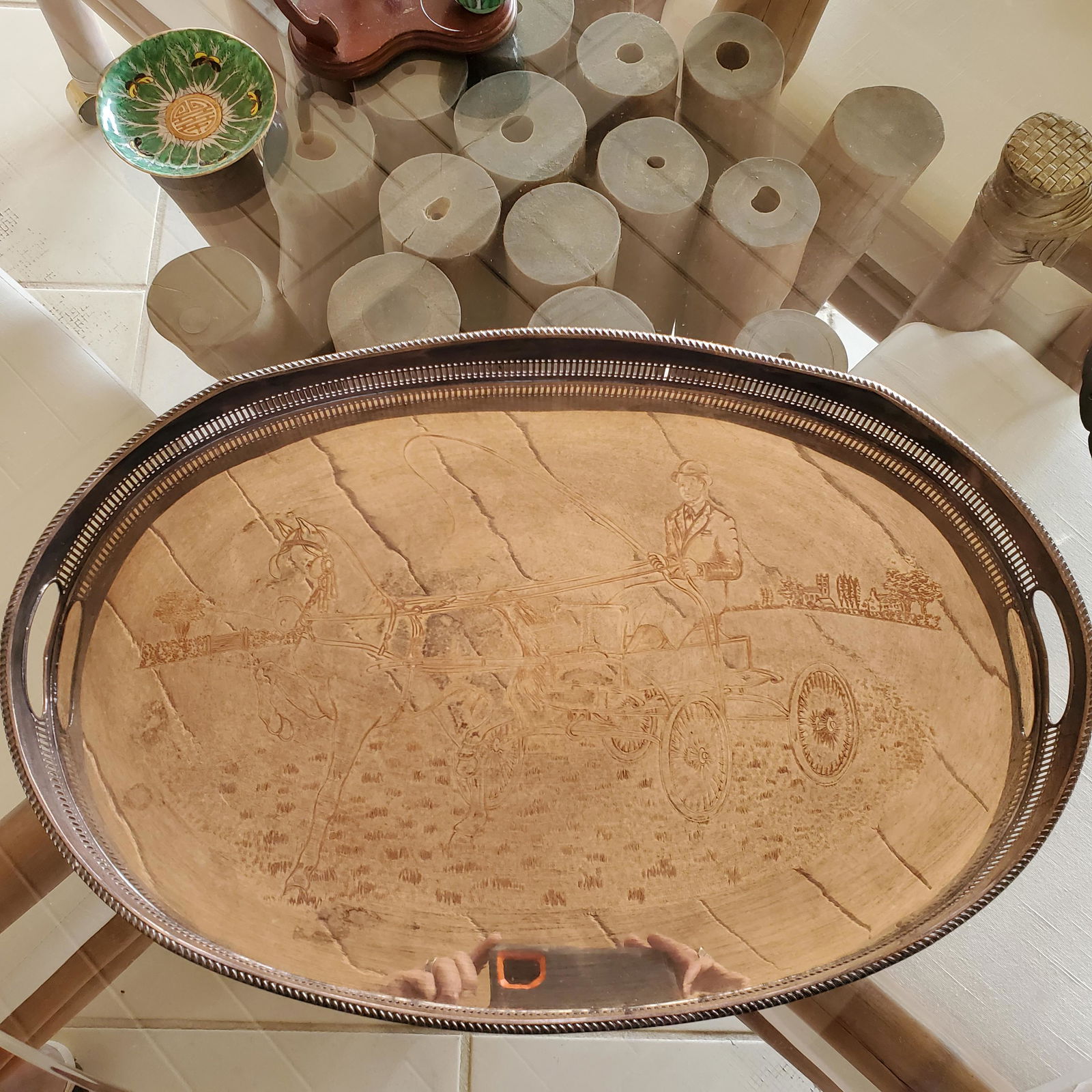 English Sheffield Silver Plate Two Handled Galleried Tray, engraved with a Scene of a Harness Racer, (1 of 2)