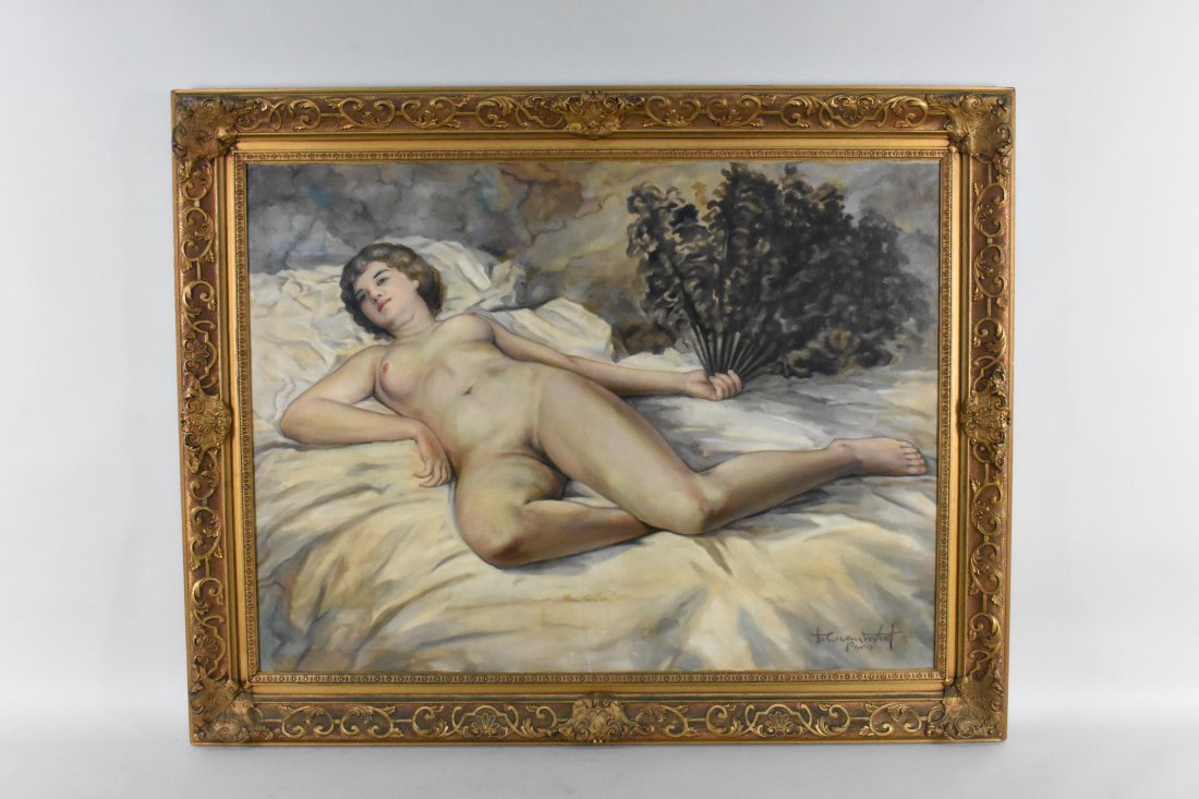 FRENCH SCHOOL (20th Century) Painting: Reclining Female Nude, oil on canvas, signed indistinctly, Paris, l.r., oil on canvas, 30 by 40 in.,overall, 38.5 by 47 in.