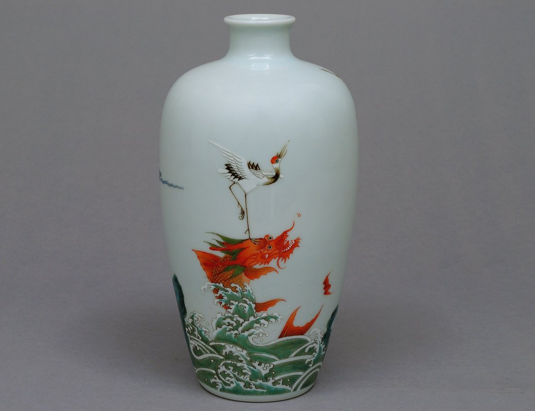 GOOD FAMILLE ROSE PORCELAIN VASE: Chinese. Qianlong seal mark, but of a later period. Of tapering ovoid form, delicately enameled with a crane, dragon and bats. Height 8 1/2". (1000/1500)