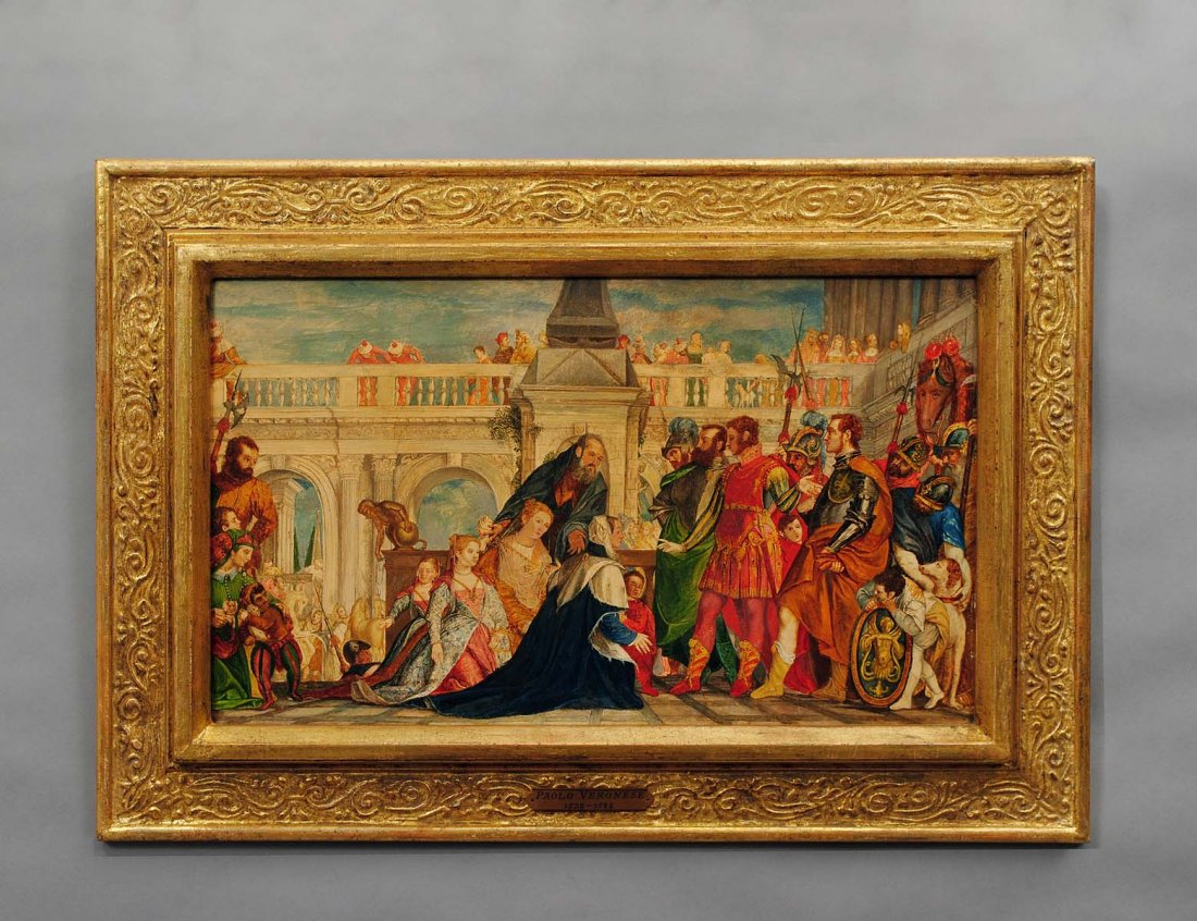 AFTER PAOLO VERONESE (Italian. 1528-1588): "Copy of The Family of Darius Before Alexander". Unsigned. Oil on Cradled Panel. Measuring 12 1/8" by 21". Framed with nameplate. (Cond: good) (300/500) Note: This lot is being re-offered for sale due