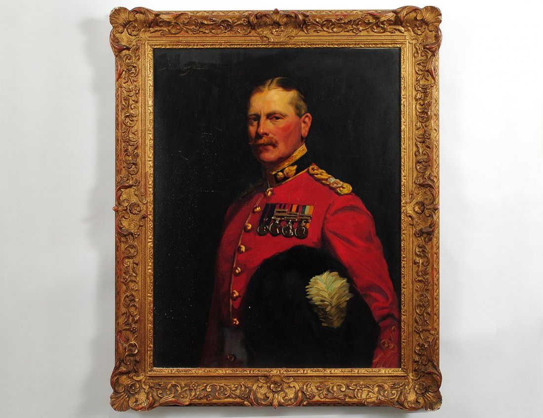 JOHN ST. HELIER LANDER (English. 1869-1944): "Portrait of Lt. Col. Roger Courtenay Boyle, 2nd Royal Munster Fusiliers". Signed and dated 1913 u/l. Verso inscribed with sitter's name and dated with two labels, one from "Bristol International Exhi