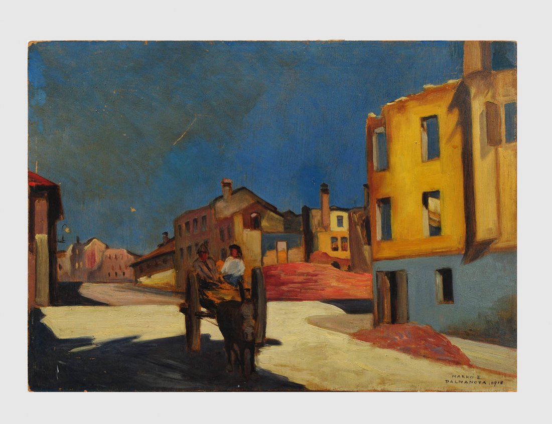 ERA MARKO (Hungarian. 1868-1945): "Nocturnal Street with Figures in Cart". Signed and inscribed "Palmanoya", dated 1918. Oil on Canvas. Measuring 19 1/2" by 27". Framed. (1000/1500)