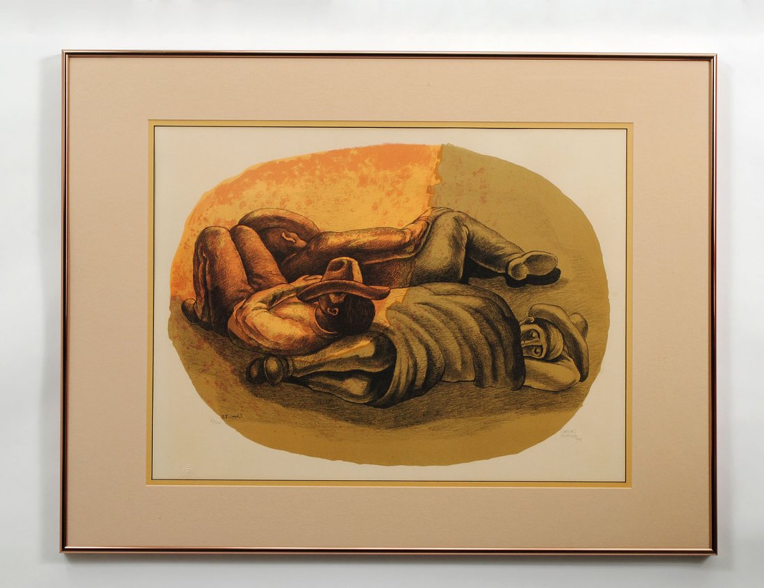 JOSE MORADO CHAVEZ (Mexican. Born 1909): "Duermevela". Signed and dated '74 l/r in pencil, numbered 6/100, signed and dated in the stone. Lithograph. Sight measuring 18" by 24 1/4". Framed. (Cond: good) (150/200)
