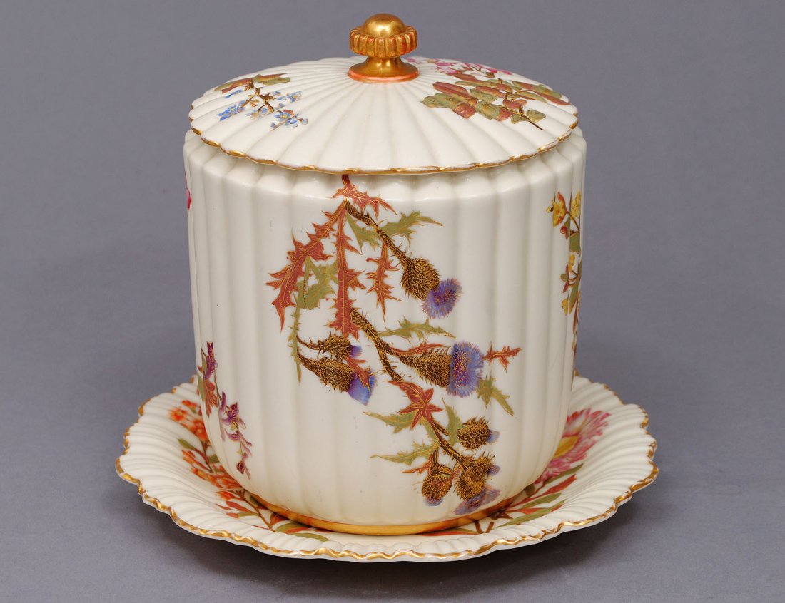 ROYAL WORCESTER PORCELAIN BISCUIT BARREL, COVER AN: English. Date marks for 1889 and 1890. Pattern Nos. 1282 and 1416. Height 7 1/8". (200/300)