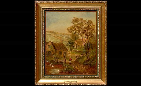 Henry T Dawson Sr 1811-1878 Village Road Oil: Henry Thomas Dawson Sr. English 1811-1878. The Village road, Oil on Canvas signed HD Lower Right. Measures 20-1/4 Inches Tall 16 Inches Wide. Condition Original Canvas Has one Tear 1 Inched by 1-1/2 I