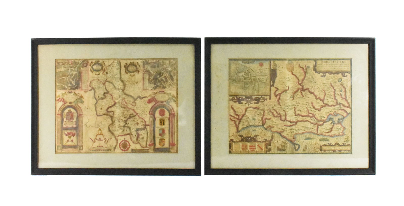 Two Antique Hand Colored Maps, Dorsetshire and Part Bedfordshire and Hartfordshire, each sight-15" x (1 of 5)