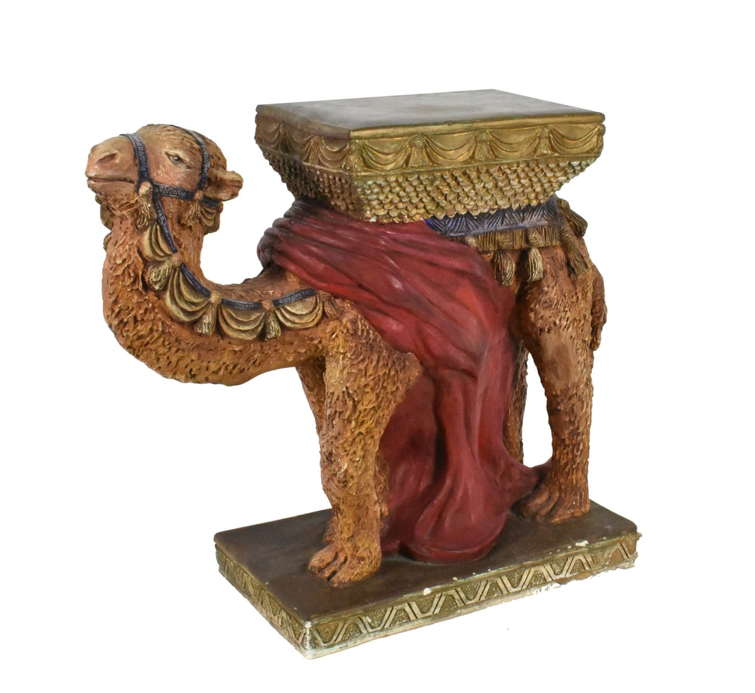 A Polychrome Painted Plaster Figure of a Camel, 20th Century, Signed Harolds '72 on base, 22" h. 25 (1 of 5)