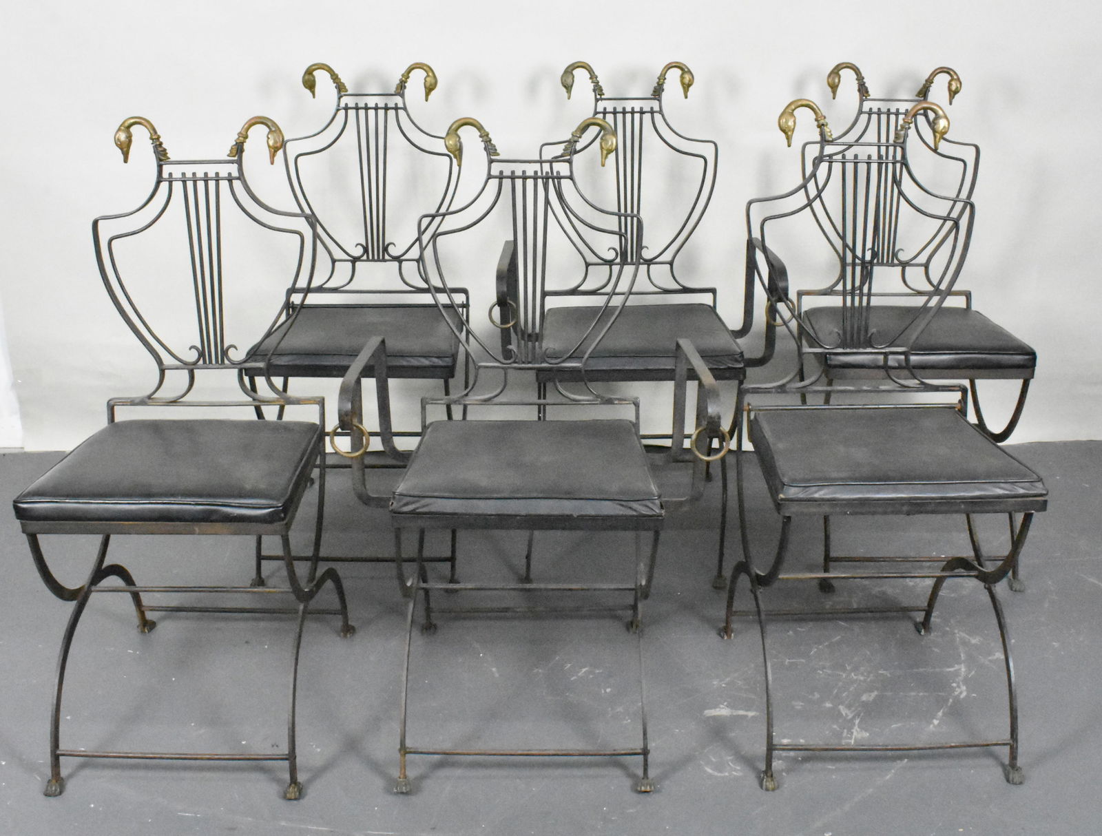 Set of Six Vintage Simon Copelon Wrought Iron Neo-Classical Swan Chairs, lyre backs with flanking (1 of 5)