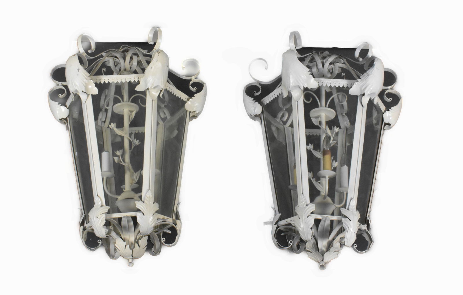 Pair of Large Vintage Aluminum Pendant Lights, with scrolls and large stylized leaves, having a (1 of 6)