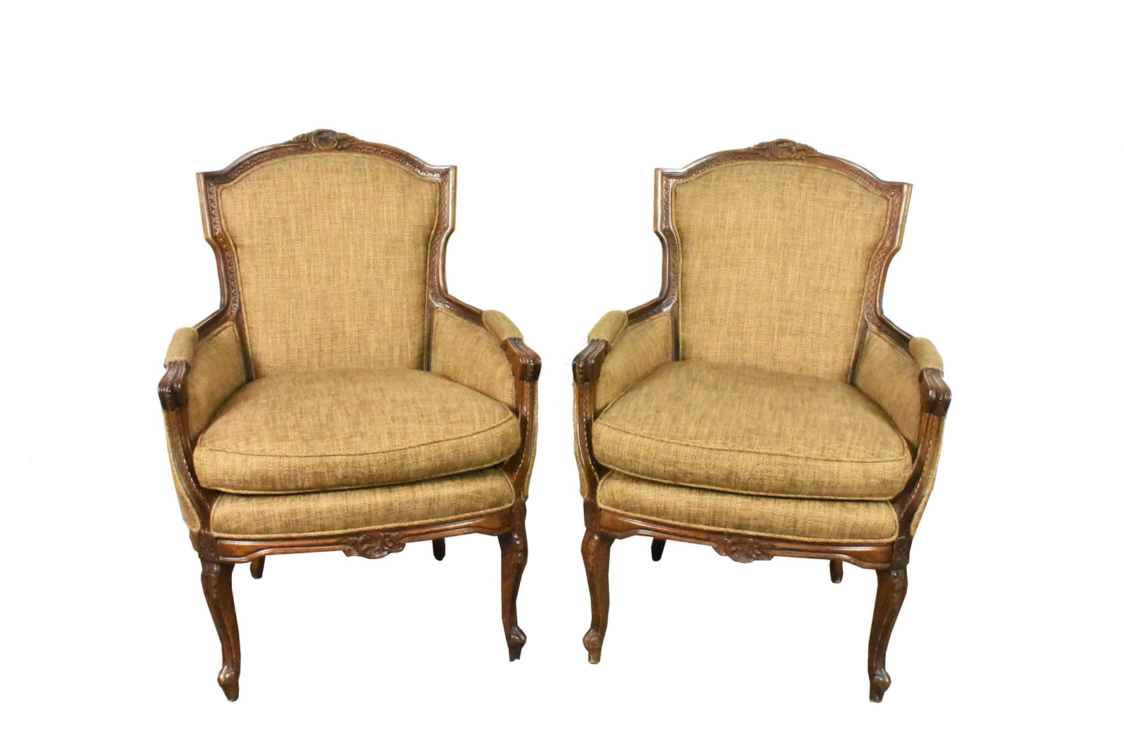 Pair of Contemporary French Provincial Style Upholstered Armchairs, carved with padded armrests, 39": Pair of Contemporary French Provincial Style Upholstered Armchairs, carved with padded armrests, 39" h., 26" w, 22" d.