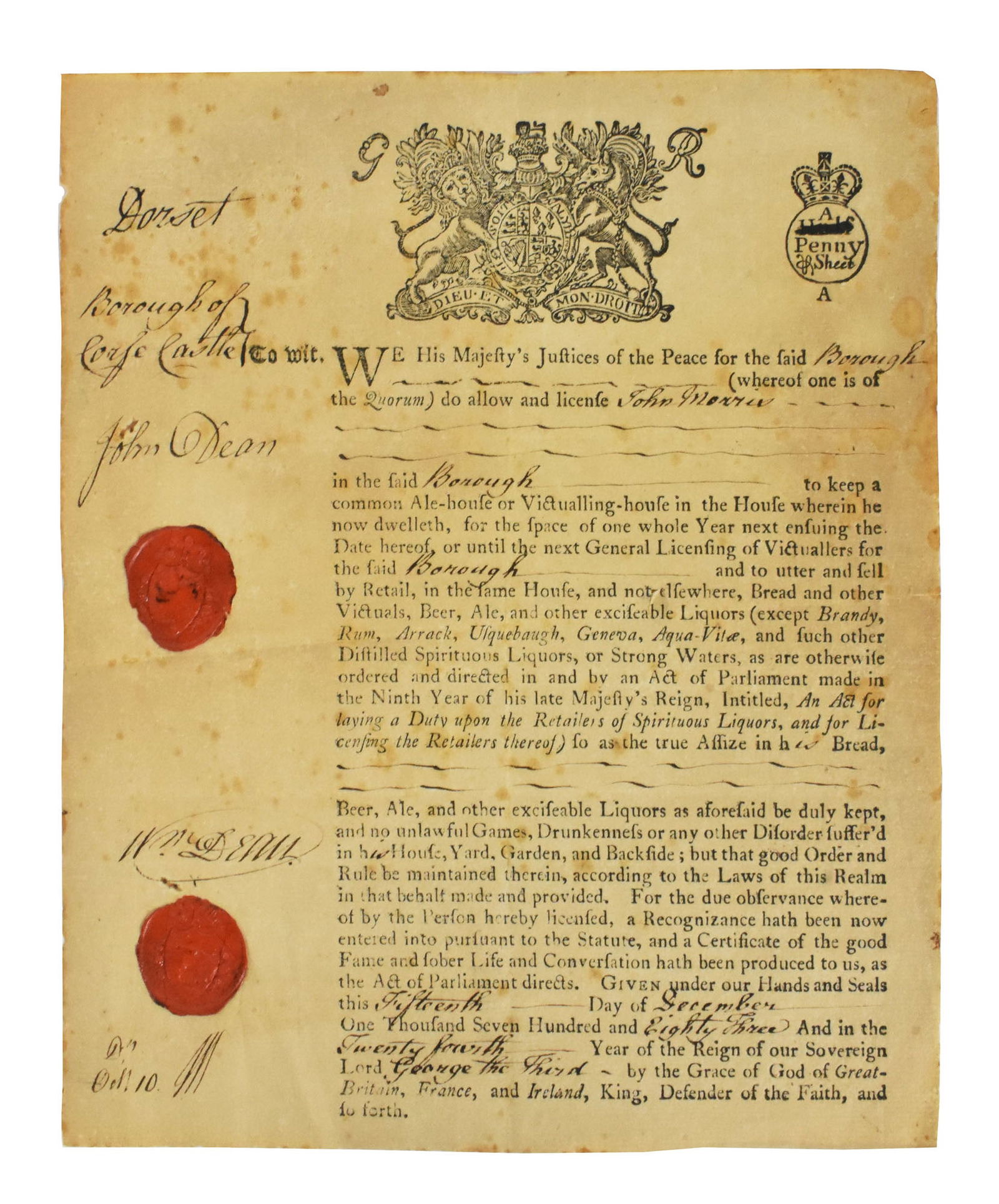 Historical English Document, dated December 15, 1783, Granting permission to establish an Ale House (1 of 4)