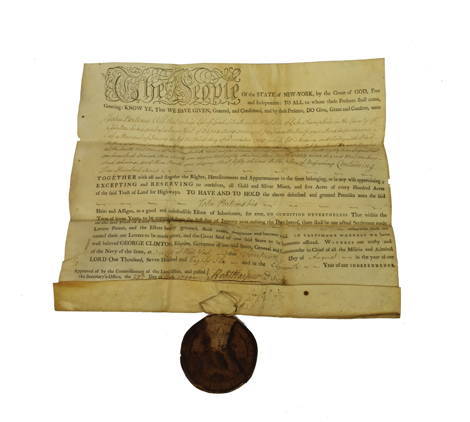 An 18th Century American Document, signed by Governor George Clinton (1739-1812), 1st Governor of (1 of 7)