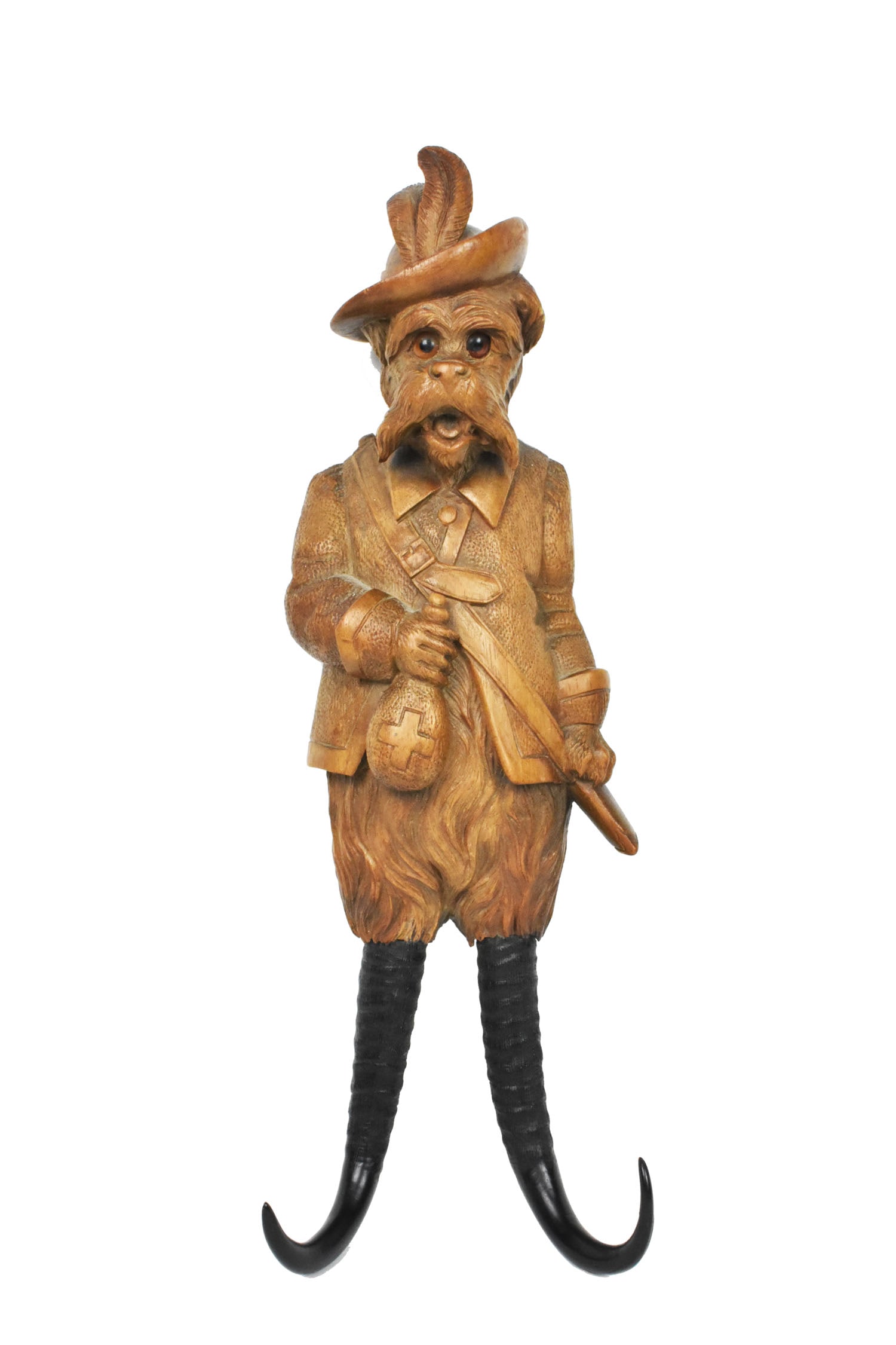 Rare Swiss/Austrian Black Forest Terrier Wood and Horn Whip Hook Carving,c.1880, with glass eyes, (1 of 5)