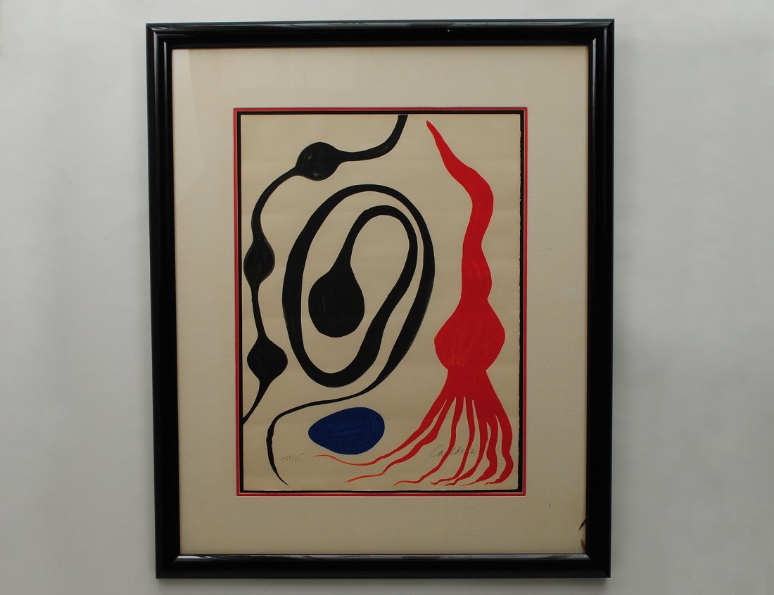 ALEXANDER CALDER (American. 1898-1976): "Octopus". Signed "Calder" in pencil in the image and numbered 150/175. Color Lithograph. Sheet measuring 29 3/4" by 22". Framed behind glass. (Cond: light toning, otherwise good condition) (1000/1500