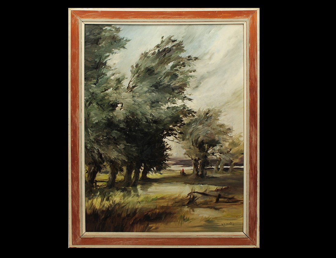 BERMUDA SCHOOL (20th Century): "Gathering Storm". Signed "W.H. Harrington" and dated '56 l/r. Verso bears artist's name, title and dated April 1956 with inscription "Bermuda Society of Arts" in white chalk. Oil on Masonite. Measuri