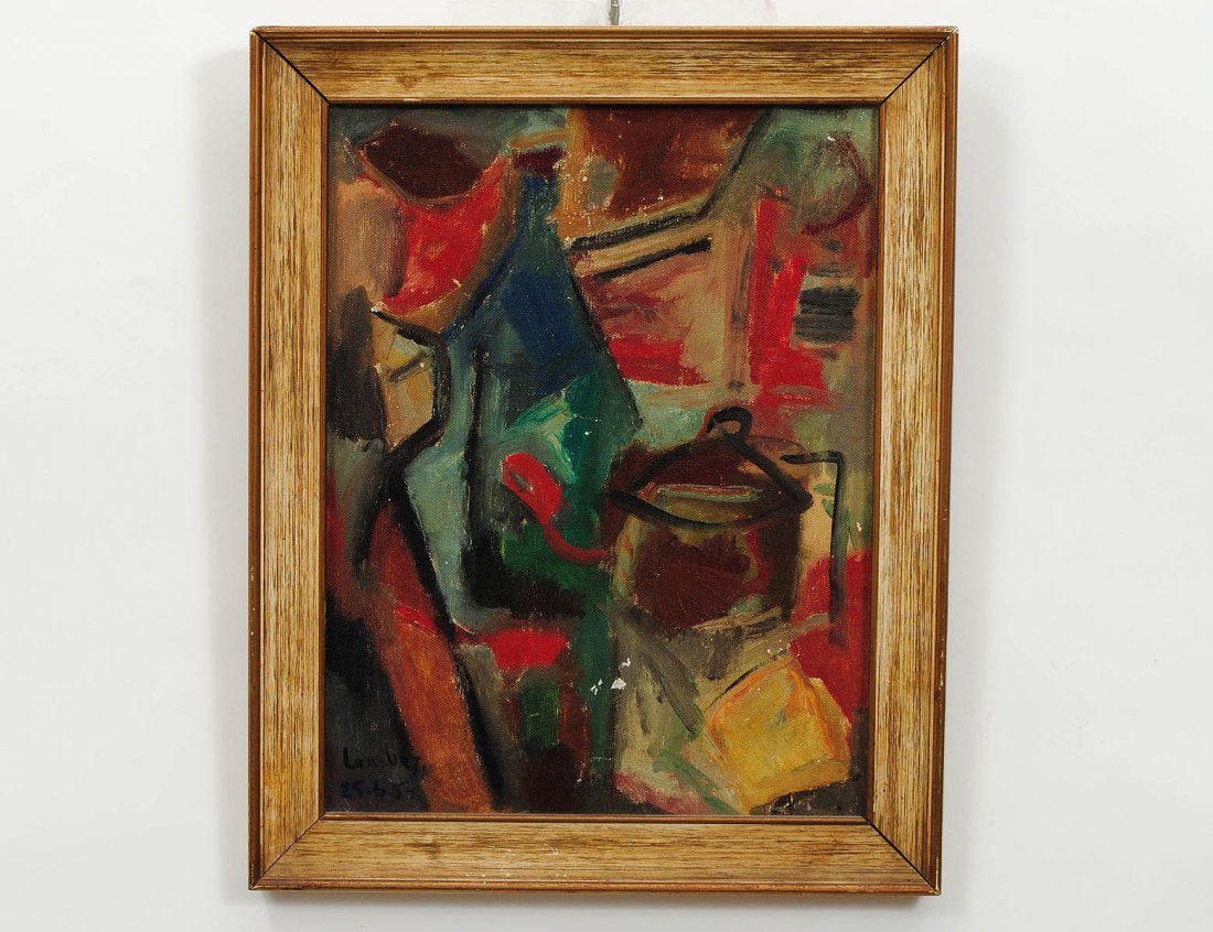 SOUTH AMERICAN SCHOOL (20th Century): "Cubist Still Life". Signed indistinctly l/l and dated 25-6-54. Oil on Board. Measuring 13 3/4" by 10 1/2". Framed. (Cond: surface dirty, could use cleaning) (150/200)