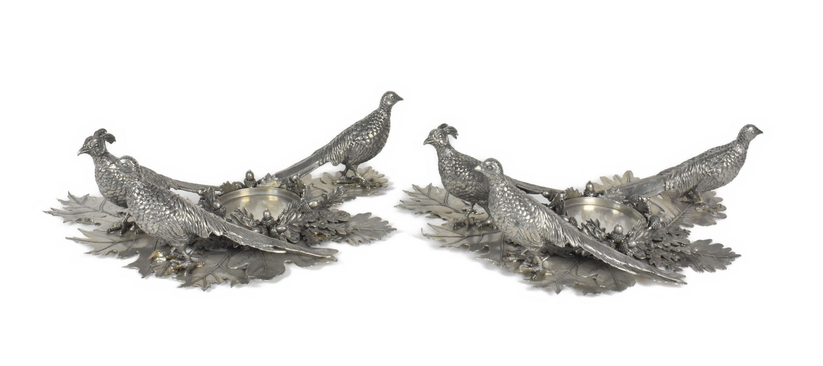 Pair of Vintage French Plated Metal Pheasants Group Centerpieces, with acorns and oak leafs, marked (1 of 4)