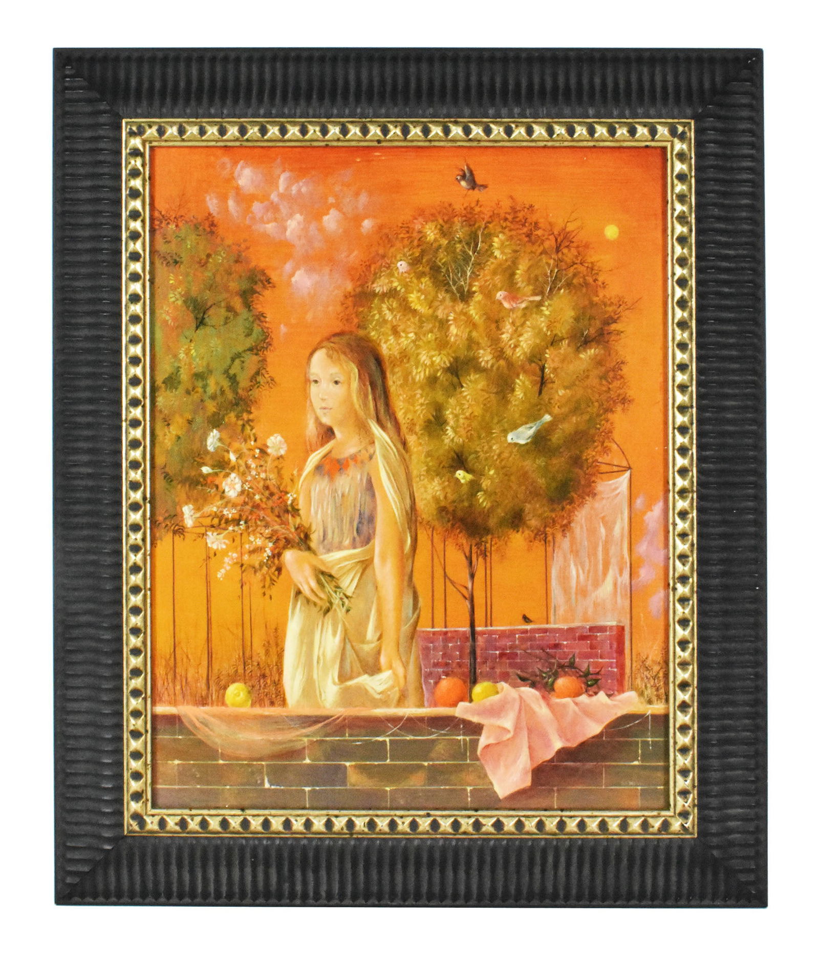 Don Lord (American, b. 1929) Girl and Flowers, Polymer Tempera on Board, Signed and dated '62 lower: Don Lord (American, b. 1929) Girl and Flowers, Polymer Tempera on Board, Signed and dated '62 lower right, verso signed and dated by the artist with Pearl Fox, Philadelphia Gallery label, 20 1/8" x 16