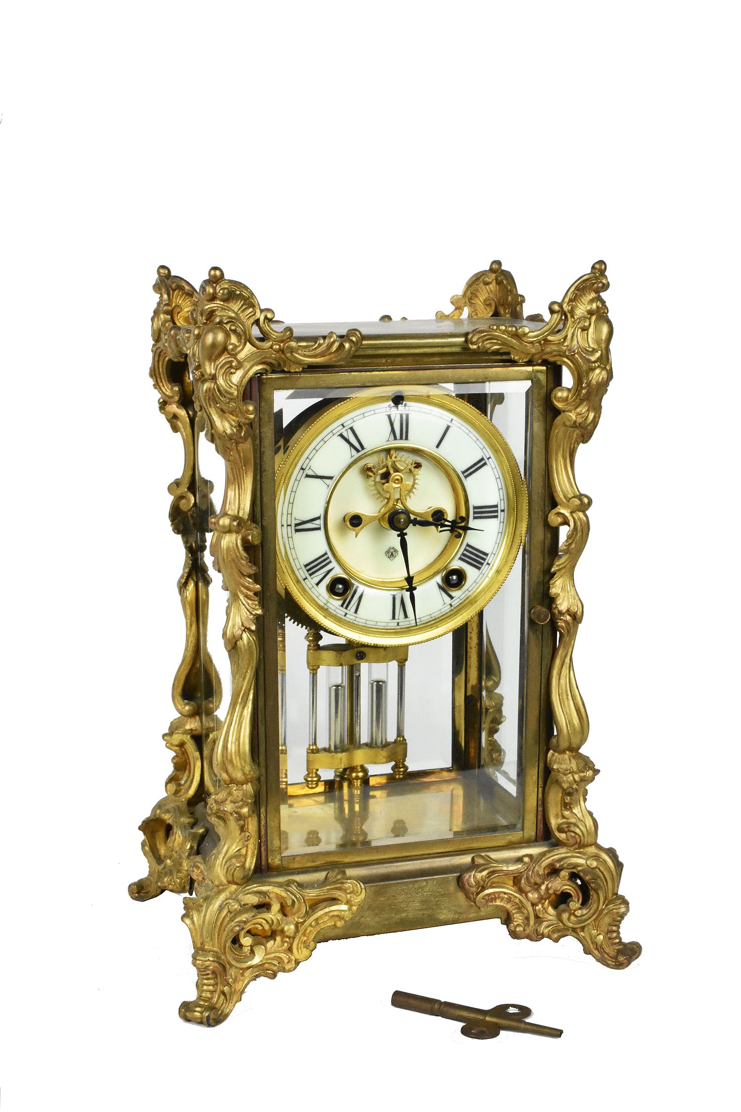 Ansonia Crystal Paris Regulator Brass Clock, c.1900, dial marked, with faux mercury pendulum with (1 of 6)