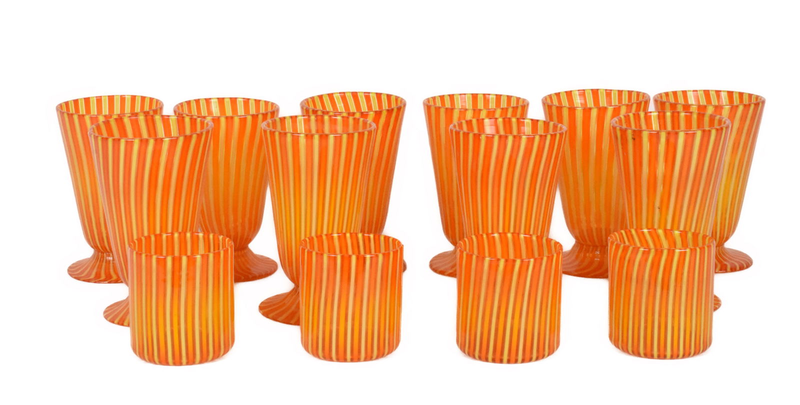 Group of 14 Italian Murano Glasses, 20th Century, to include 10 Footed Goblets and 4 Rocks Glasses, (1 of 1)