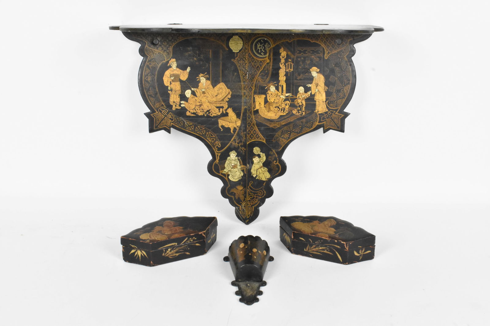 Group of 4 Antique French Black Lacquered Objects with Chinoiserie Decoration, to include: Bracket (1 of 7)