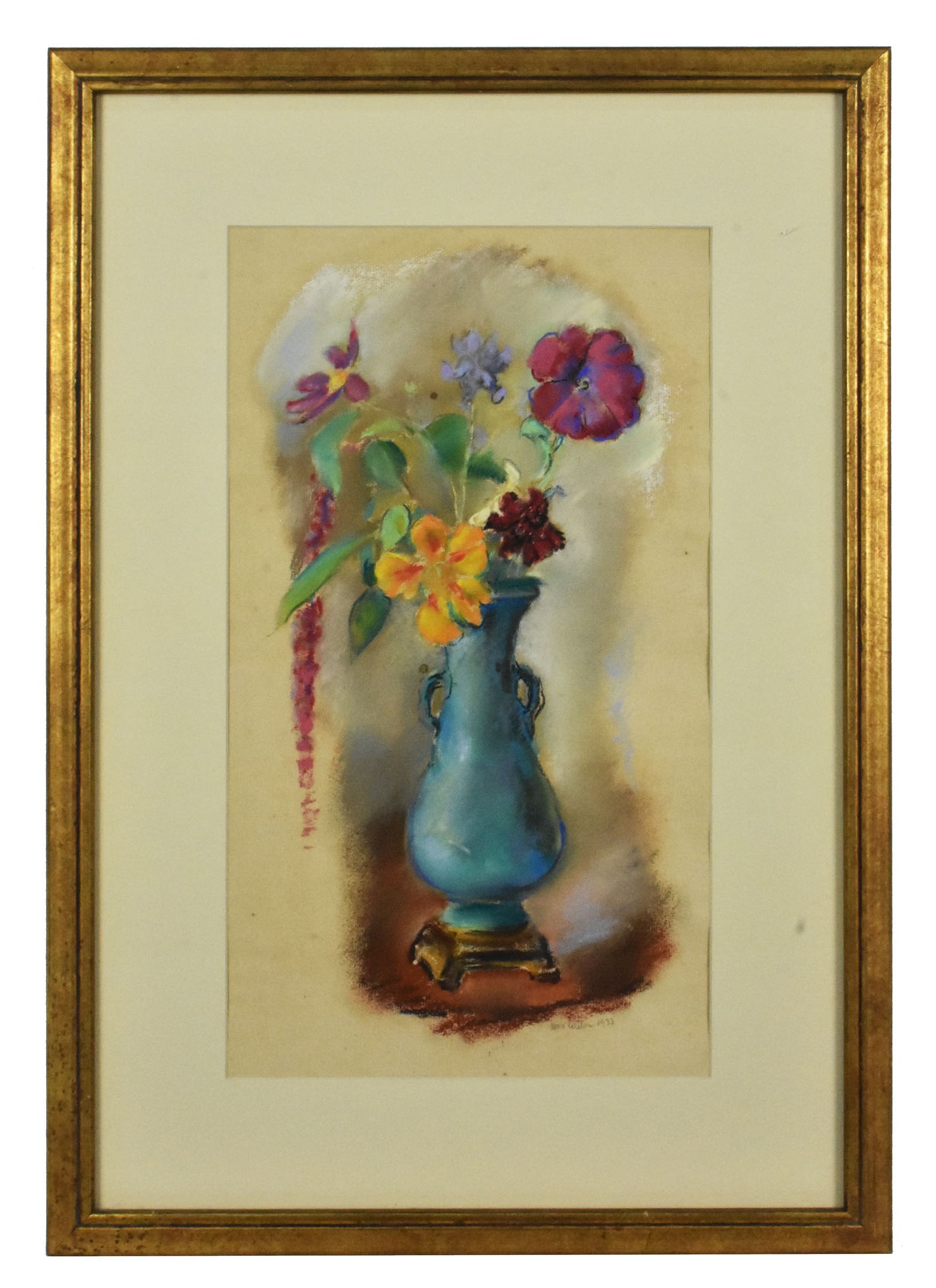 Max Weber (Russian, 1881-1961) Still Life of Flowers in a Vase,Signed and dated 1933, Pastel on: Max Weber (Russian, 1881-1961) Still Life of Flowers in a Vase,Signed and dated 1933, Pastel on paper, Sight-16 1/2" x 9", Framed, Overall-23 1/4" x 16".Provenance: Christie's, New York.