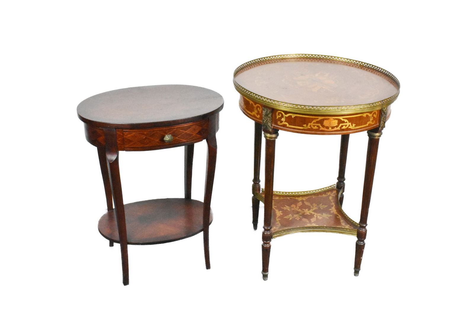 Two French Style Side Tables, 20th Century, One a gueridon with brass gallery and faux inlaid (1 of 4)