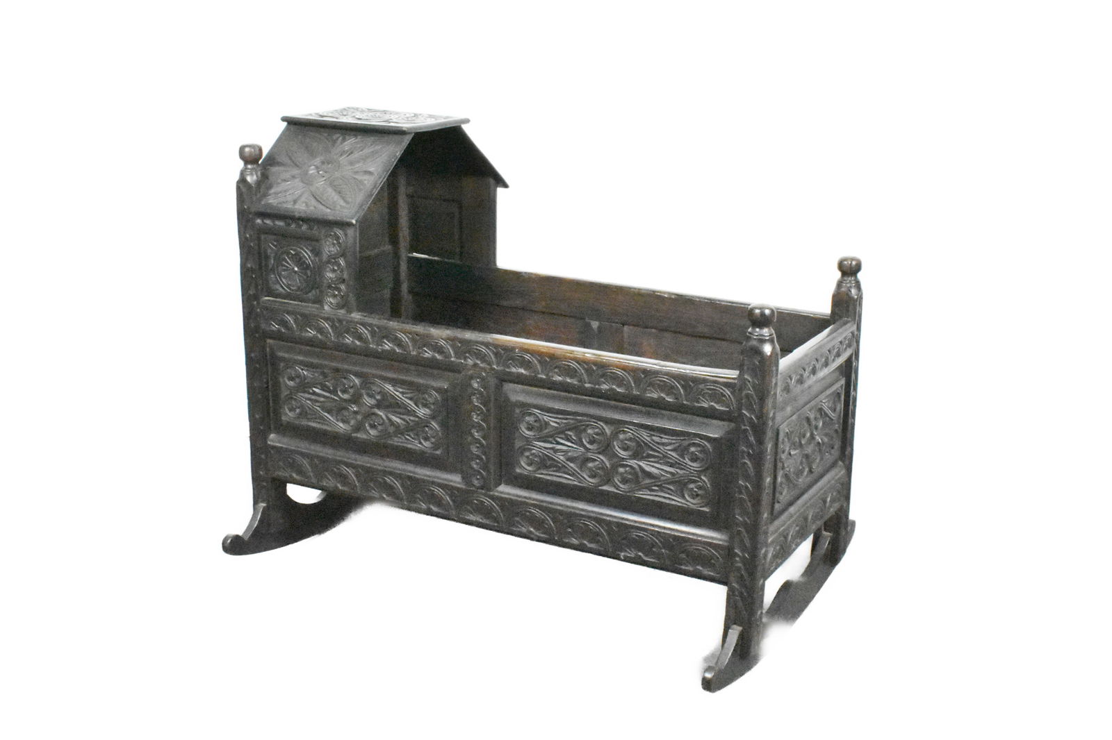 English 19th Century Jacobean Revival Bog Carved Rocking Cradle, 28 3/4" h. 34" L. 16" w. (1 of 5)