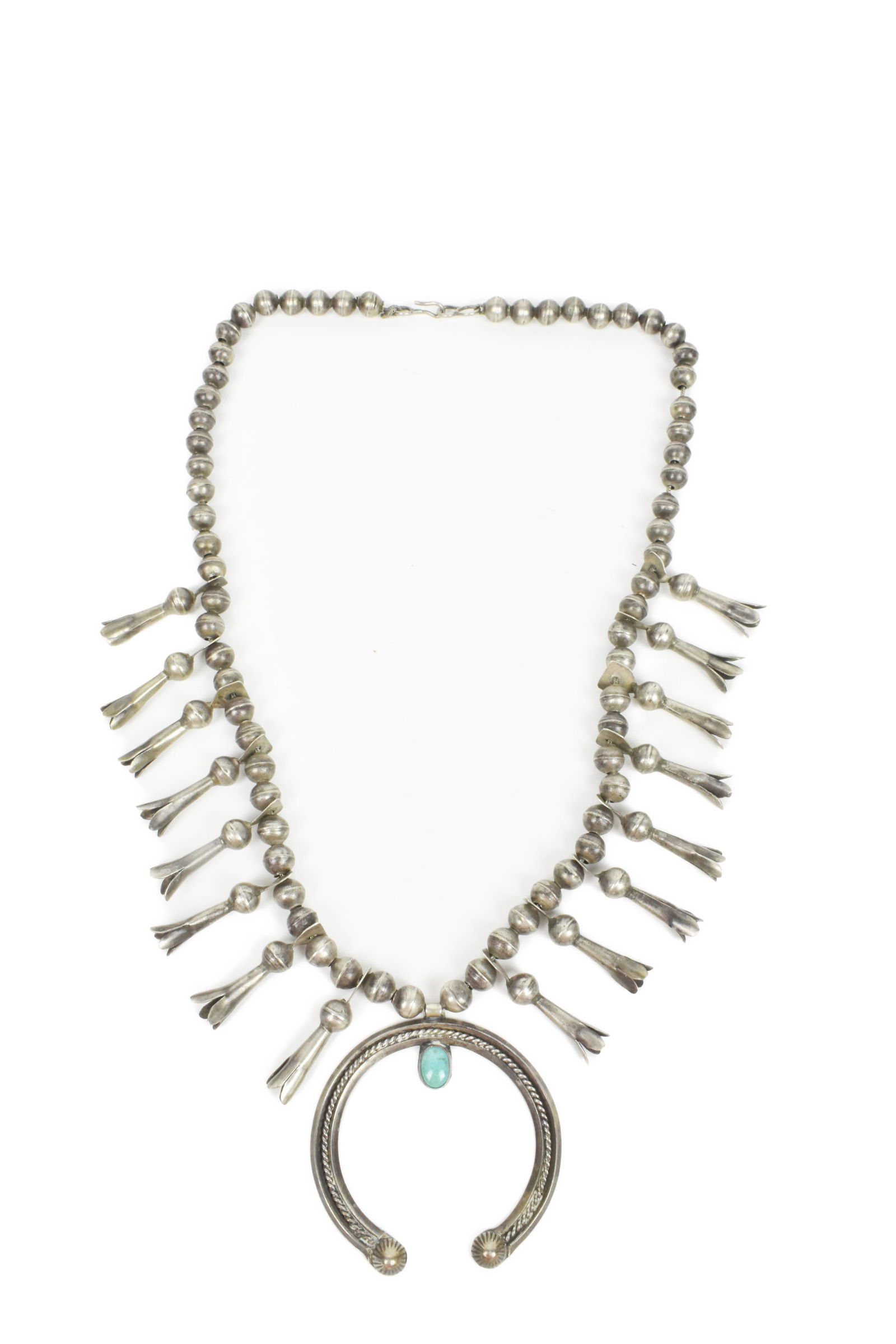 Early Native American Navajo Old Pawn Silver Squash Blossom Necklace, set 16 squash blossoms and the (1 of 4)