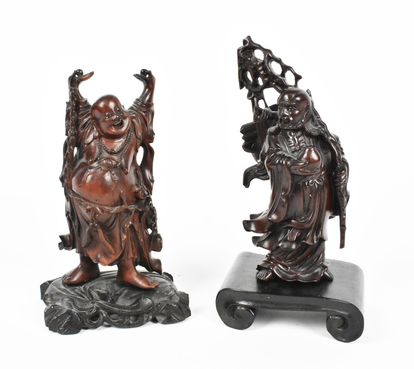 Two Chinese Exotic Wood Hardwood Carvings, 20th Century, on stands, tallest-6 3/4" h.: Two Chinese Exotic Wood Hardwood Carvings, 20th Century, on stands, tallest-6 3/4" h.